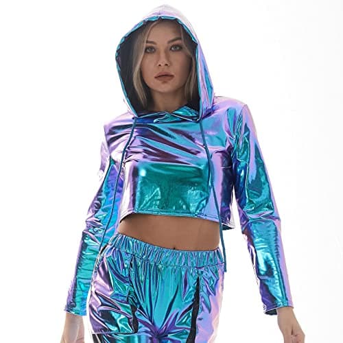 ABAFIP Women Metallic Shiny Rave Outfit Holographic Crop Top Hoodie Casual Long Sleeve Sweatshirt Dancewear -> Metallic Shiny Holographic Crop Top Hoodie Dancewear