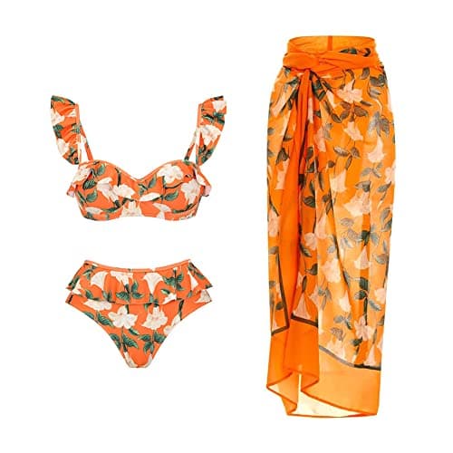 IMEKIS Women's 3-Piece Ruffle Floral Print Vintage Bikini Swimwear for Summer Holiday