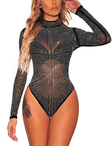 Sheer Mesh Long Sleeve Bodysuit for Women
