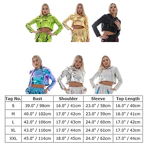 ABAFIP Women Metallic Shiny Rave Outfit Holographic Crop Top Hoodie Casual Long Sleeve Sweatshirt Dancewear -> Metallic Shiny Holographic Crop Top Hoodie Dancewear
