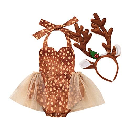 IMEKIS Baby Girls Christmas Reindeer Costume Romper & Headband Set
