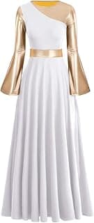 Women Metallic Bi Color Liturgical Praise Dance Dress Bell Long Sleeve Lyrical Dancewear Church Robe Worship Costume