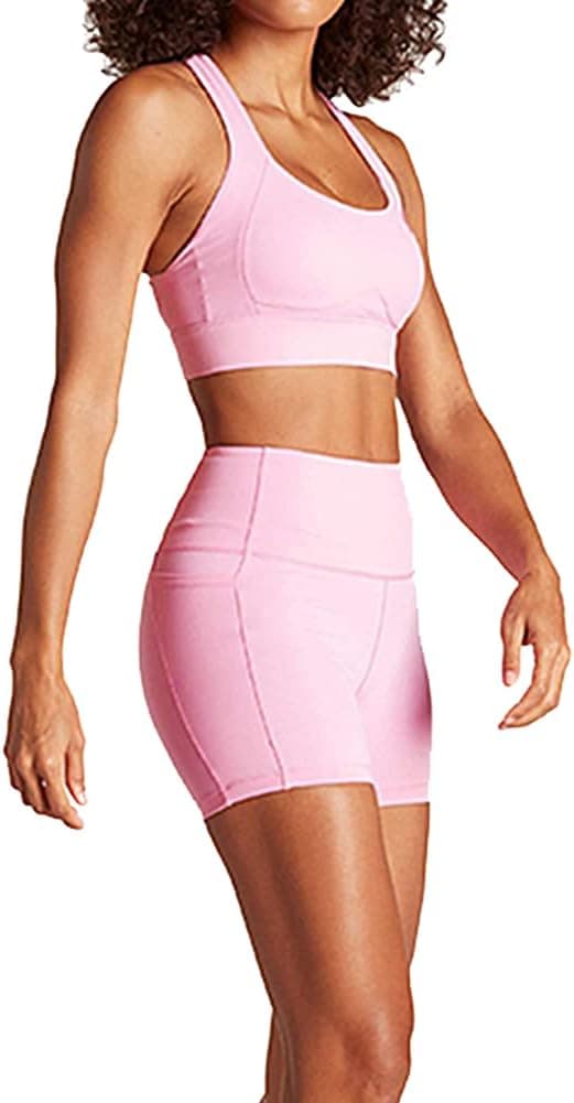 Women Seamless Yoga Outfits 2 Piece Workout Set Sleeveless Racerback Crop Top Sprots Bra High Waist Shorts Legging Stretch Tummy Control Fitness Athletic Running Gym Clothes Activewear Tracksuit Pink S