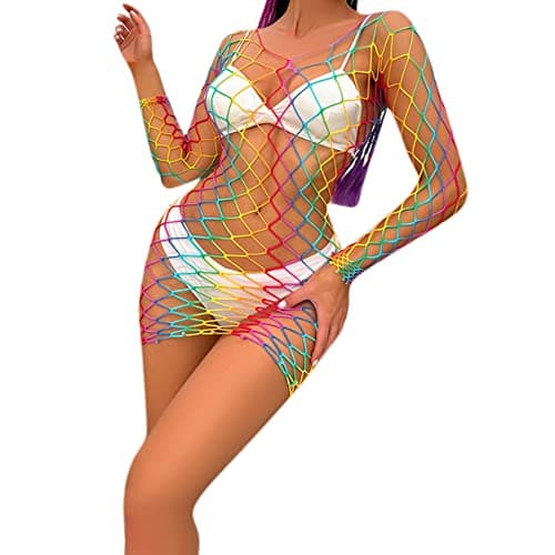 MINGSEECESS Women's Rainbow Striped See-Through Bodysuit Bikini Cover-Up