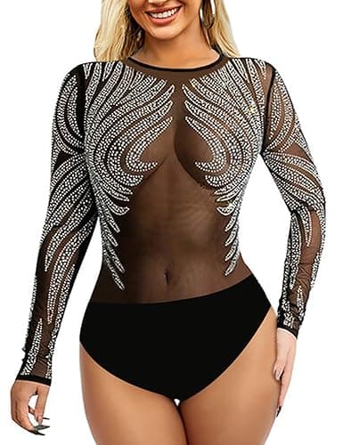 Sexy Rhinestone Studded Sheer Mesh Bodysuit for Women