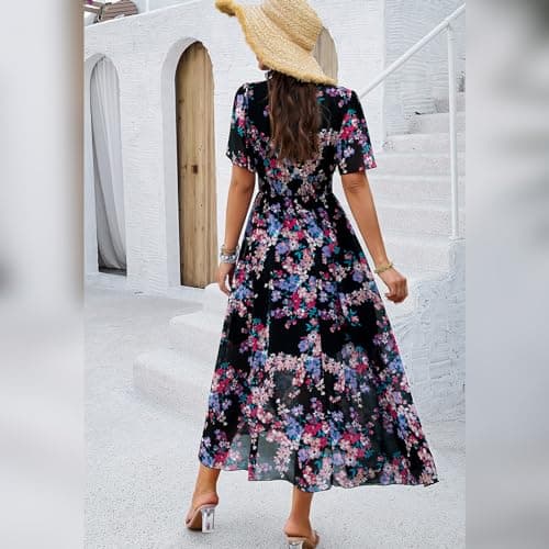 Women's V-Neck Maxi Dress with Floral Print