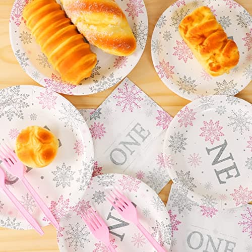 ZOIIWA Winter Onederland Snowflake Birthday Party Supplies for Baby Girls - 24 Guests