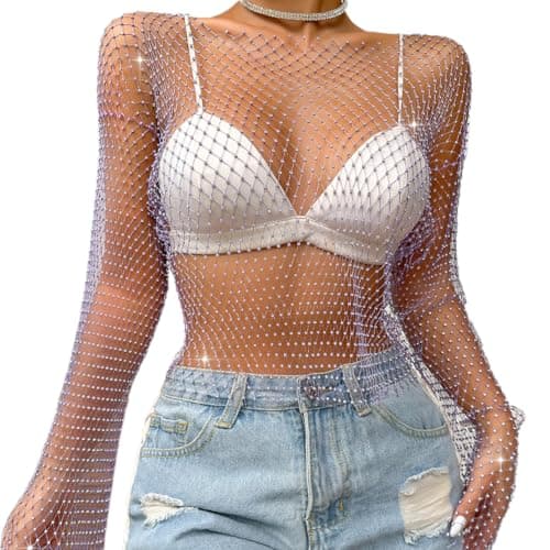 Sparkle Rhinestone Mesh Crop Top with Long Sleeve for Women
