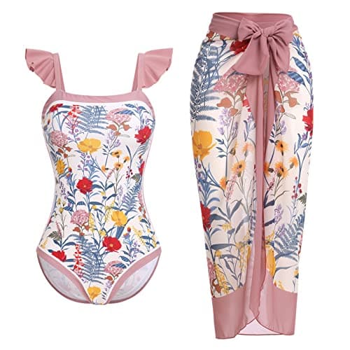 IMEKIS Women’s Floral Print Bikini Set with Wrap Skirt