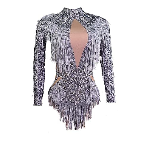 FANCISSORS Sparkly Rhinestone Fringe Leotard Dance Costume