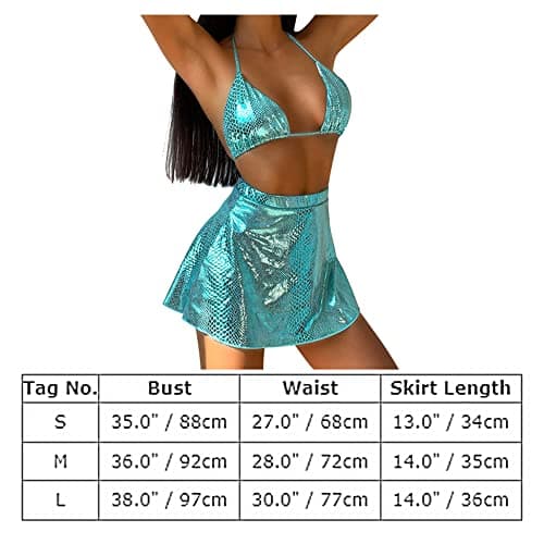 Metallic Rave Outfit: Women's Shiny Bikini Snakeskin Bra Skirt Swimsuit Costume