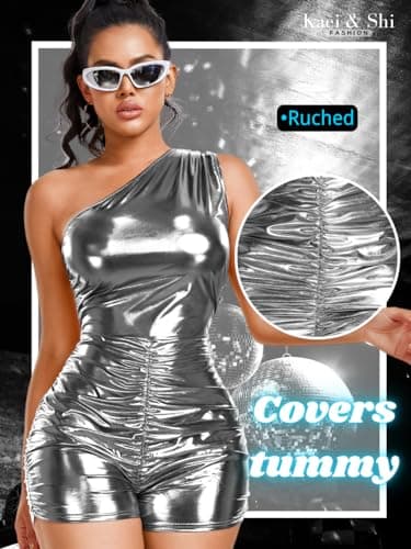 Kaei&Shi Sparkly Metallic One Shoulder Club Bodycon Romper