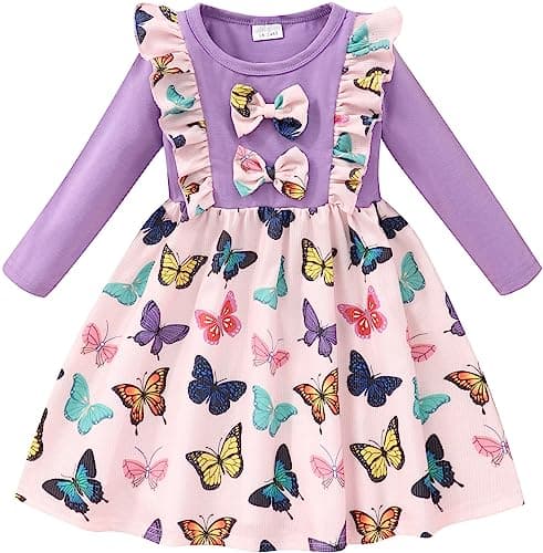 Retsugo Girls' Long Sleeve A-line Print Dress with Bowknot