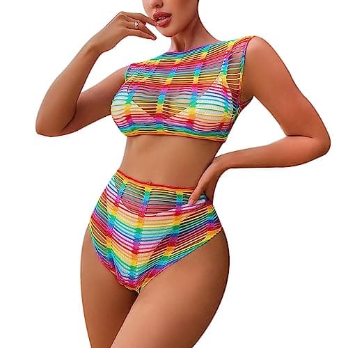 MINGSEECESS Women's Rainbow Striped See-Through Bodysuit Bikini Cover-Up
