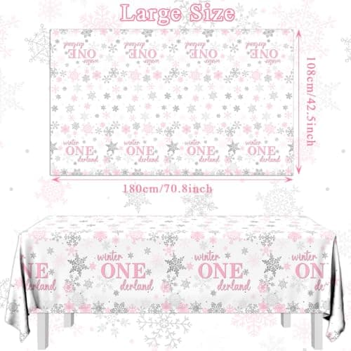 Onederland 3Pcs Winter Pink Silver Snowflake Tablecloth for 1st Birthday Girls