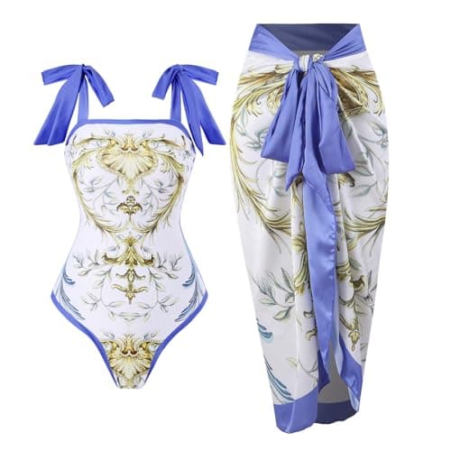 Cerdexon Women's Retro Floral Print One Piece Bathing Suit with Cover Up Skirt