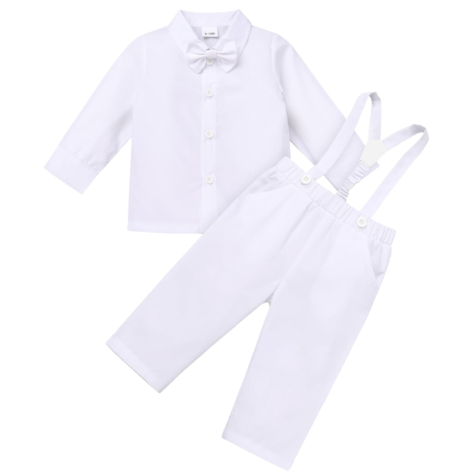 Christening Outfit for Toddler Boy with Bowtie and Suspenders