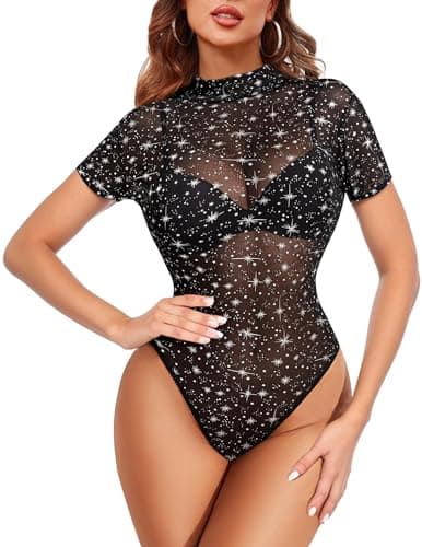 Sexy Rhinestone Studded Sheer Mesh Bodysuit for Women