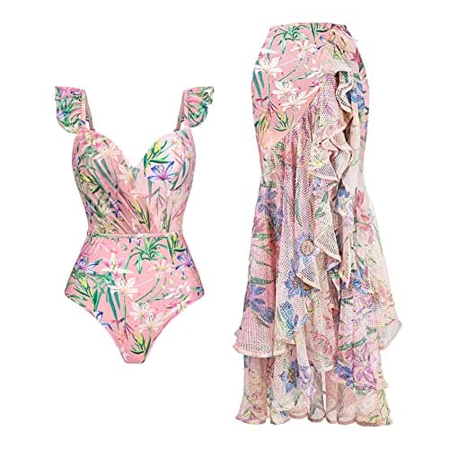 Women's One Piece Swimsuit with Floral Sarong Cover Up and Tummy Control
