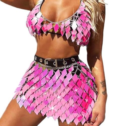 Nicute Pink Sequin Set with Body Chain Skirt & Top
