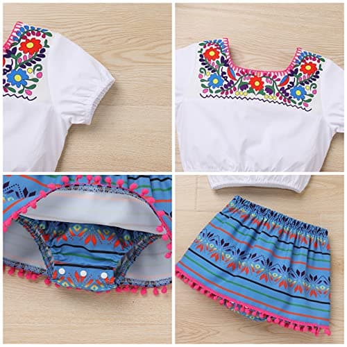 IMEKIS Toddler Girls Mexican Floral Outfit + Top + Skirt + Headband Halloween Costume