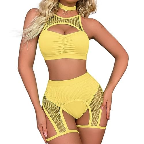 ABAFIP Women's Festival Rave Outfits: Fishnet Top & Shorts Choker Nightwear