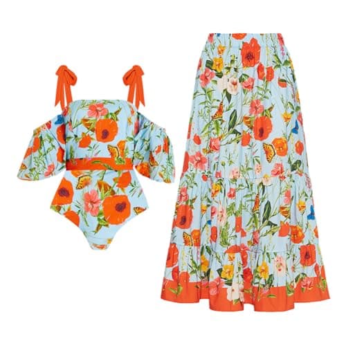 Women's One Piece Swimsuit with Floral Sarong Cover Up and Tummy Control
