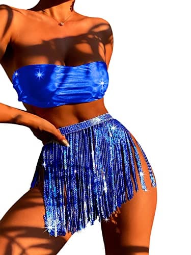 EVELUST Rave Outfits Women: Metallic Holographic Bodysuit & Sequin Tassels Skirt