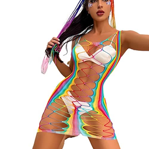 Rainbow Rave Outfit Fishnet Dress - Women's Music Festival Costume