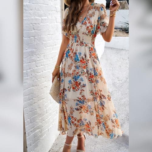 Boho Floral Printed Chiffon Maxi Dress for Women in Summer
