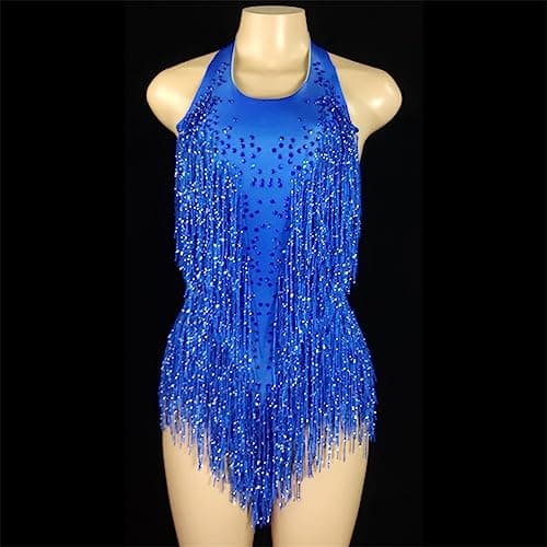 HEYDHSDC Sparkly Crystals Fringe Bodysuit Dance Costume