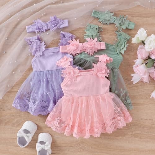 Newborn Baby Girls Lace Romper Floral Dress 0-18 Months