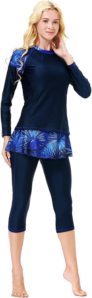 Women Burkini Swimsuits Modest Muslim Swimwear Islamic Long Sleeve Full Cover Hijab Top Skirted Swim Capris ​Pants Set