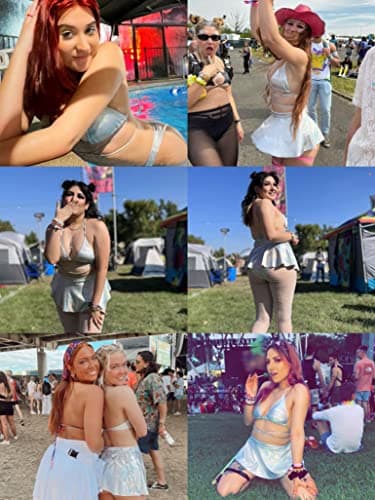 EVELUST Rave Outfits for Women - Metallic Holographic Strappy Bikini Top Bottom Beach Skirt