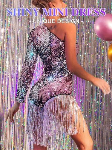 TWINKLEDE Glitter Fringe Romper Dress One Sleeve Party Costume for Women