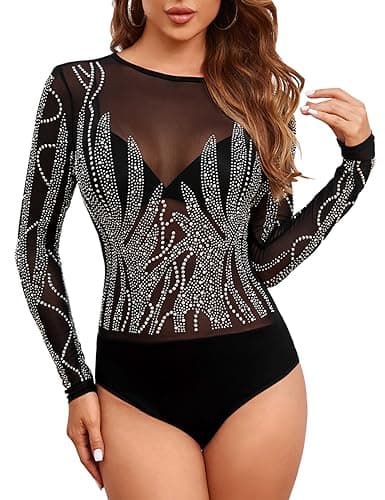 Sexy Rhinestone Studded Sheer Mesh Bodysuit for Women