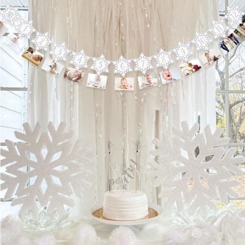 Onsembled DOMOO OF DREAMS Silver Winter Snowflake Photo Banner 12 Month First Birthday Decorations