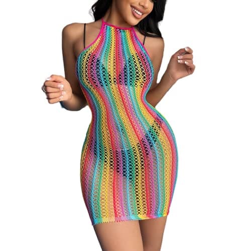 ZGMYC Women Rave Mesh Bikini Cover Ups & Mini Skirt Outfit