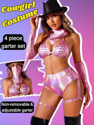 Metallic Cowgirl Outfit for Women - 4 Piece Sexy Fringe Halloween Costume