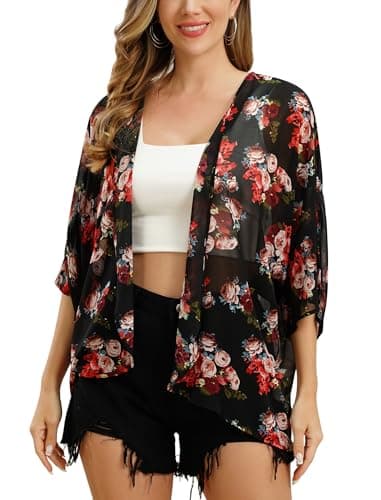 IMEKIS Women's Floral Printed Chiffon Half Sleeve Kimono Cardigan