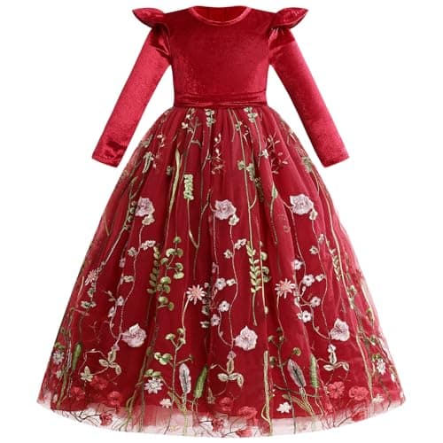 IMEKIS Embroidered Floral Velvet Dress for Toddler Girl Fall Winter 3-12T