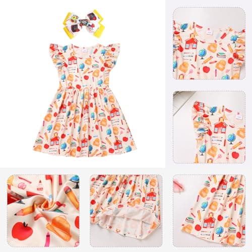 IMEKIS Girls' Back to School Pencil Print Dress with Hair Bow 4-7T
