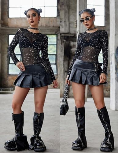 Avidlove Women's Sheer Mesh Long Sleeve Bodysuit with Geo Print and Snap Crotch