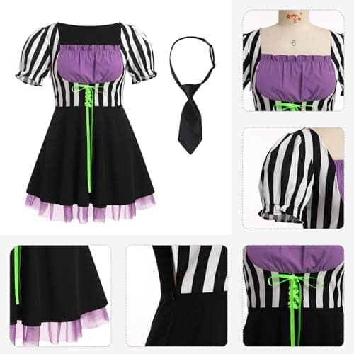 IMEKIS Women Black & White Striped Halloween Costume Lace-Up Tulle Gothic Dress Cosplay