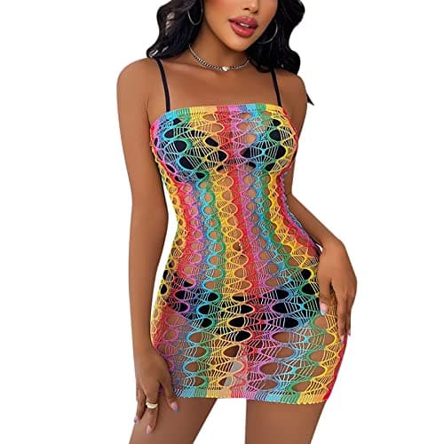 MINGSEECESS Women's Rainbow Striped See-Through Bodysuit Bikini Cover-Up