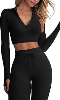 Workout Sets for Women 2 Piece Seamless Long Sleeve Crop Tops Ribbed High Waist Leggings