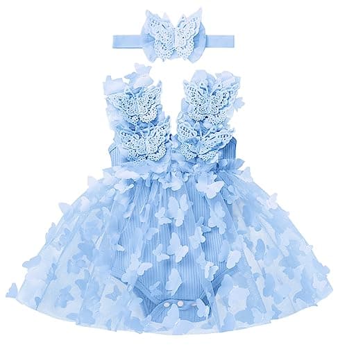 Newborn Baby Girl 1st Birthday Lace Tulle Romper Dress with Floral Headband