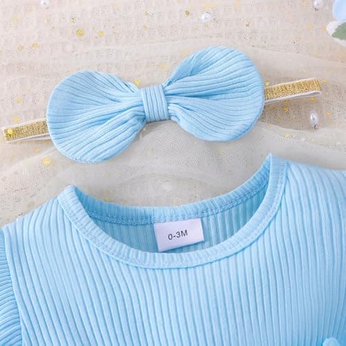 Cute Summer Outfit Set for Baby Girls 0-18 Months Romper Skirt Sleeve Ruffle Bow Headband