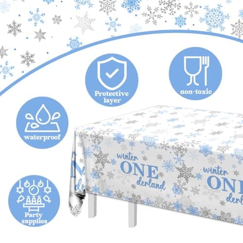 Winter Onederland Blue Silver Snowflake Tablecloth for 1st Birthday Boy's Party Decorations