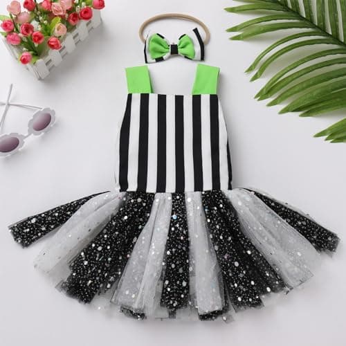Baby Girls Black and White Striped Tutu Dress Halloween Costume with Headband